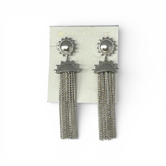 Kendra Scott Sienna Rhodium Plated Sunburst Tassel Fringe Earrings Silver NWT